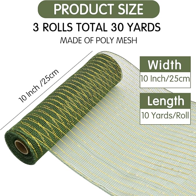 TONIFUL 10 Inch 3 Rolls Khaki/Orange/Green Decorative Mesh Ribbons, Fabric Mesh with Foil for Tree Home Front Door Wreaths Decorations Supplies, for Thanksgiving Fall（3 Colors, 10yards/ roll）