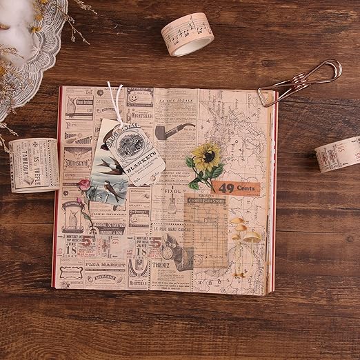 Dizdkizd Washi Tape Set, 12 Rolls Antique Masking Tape Washi Tape Map Newspaper Vintage Stickers Scrapbook Decorative Tape Bullet Journal Supplies Brown Junk Journal Supplies