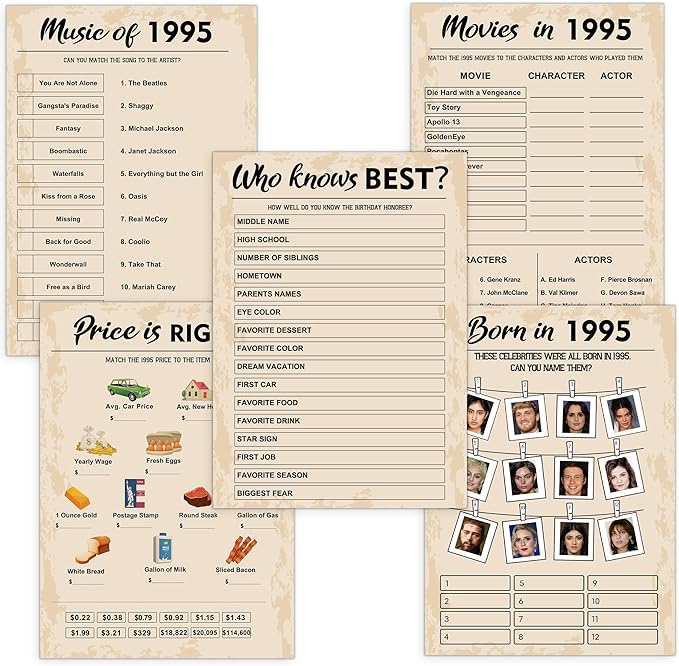 QUPT 30th Birthday Party Games, Set of 5 Activities for 10 Guests, Born in 1995 Games Bundle, Birthday Party Supplies for Adults, Pack of 50 Cards