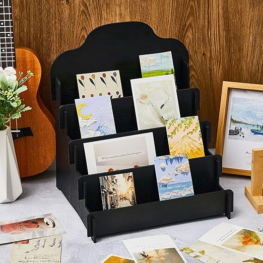 Barydat 2 Pcs 4 Tier Greeting Card Display Stand Wooden Sticker Display Stand Portable Card Display Rack for Vendors Retail Counter Table Display Trade Shows Showcase (Black,11.8 Inch)