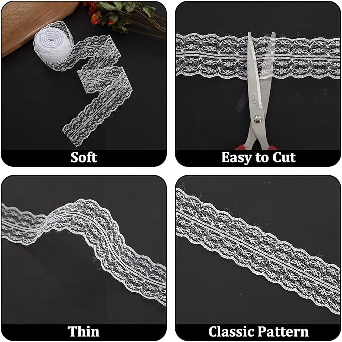 Lace Trim, 60 PCS Yards Ribbon, Vintage Scalloped White Laces Ribbon Suitable for Crafts, Gift Wrapping, DIY Sewing, Scrapbooking, Wedding Bouquet Decoration(6 Styles)