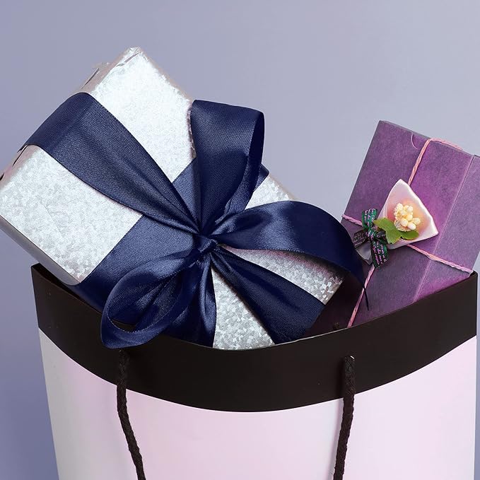 LIUYAXI Navy Blue Double Faced Satin Ribbon, 3/8" X Continuous 25 Yards, Ribbons Perfect for Gift Wrapping Bows Bouquet Wedding Decor DIY Craft and More