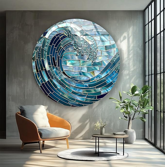 My Photostation.com 20''(50cm) Diameter Ocean Wave in Blue Mosaic Round Glass Wall Art Tempered Glass Printing Wall Decor Large Wall Art Wall Hangings