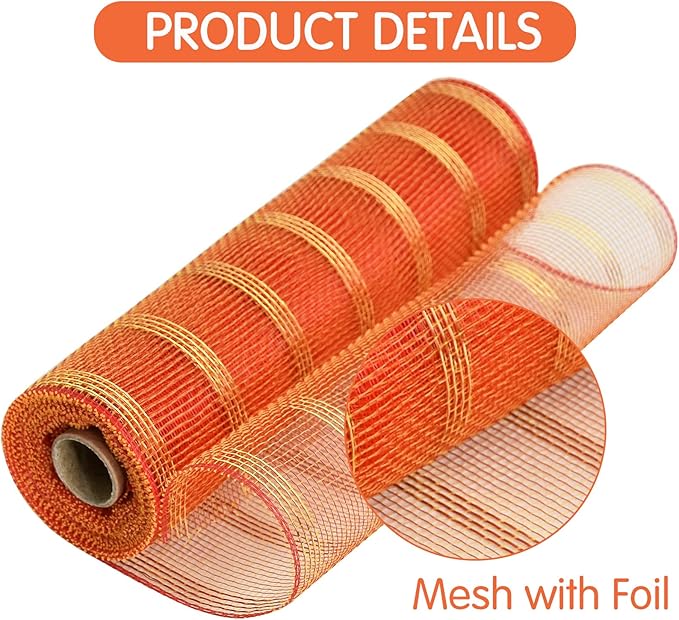 TONIFUL 10 Inch 3 Rolls Orange/Green/Gold Thanksgiving Decorative Mesh Ribbons, Fabric Mesh with Foil for Tree Home Front Door Wreaths Decorations Party Supplies（3 Colors, 10yards/ roll）