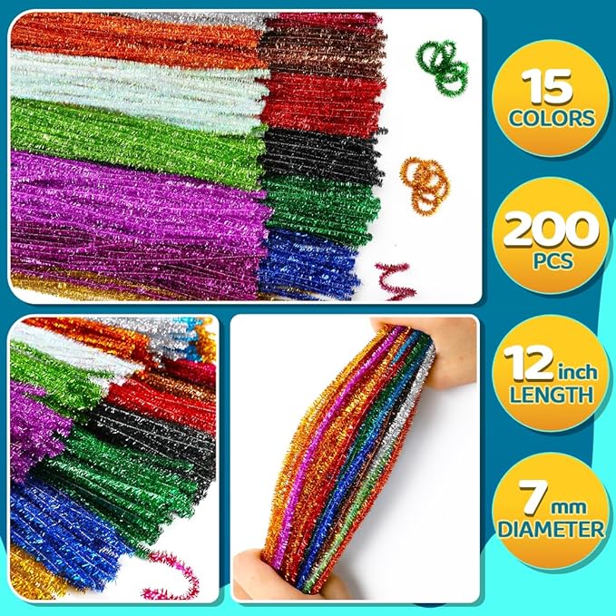 200pcs Pipe Cleaners, Pipe Cleaners for Crafts, Craft Supplies Multicolor Chenille Stems for Art&Craft Christmas DIY Projects(15colors,Glitter)