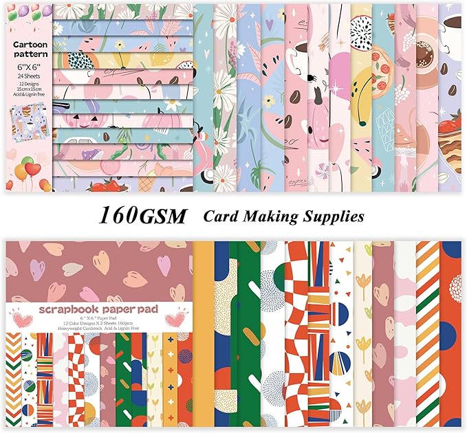 48 Sheets 24 Designs Scrapbook Paper Pad, 6"×6" Single-Sided Decopodge Craft Cardstock Paper,Scrapbooking DIY Decorative Background Cardmaking Supplies.Sweet Love&Cartoon