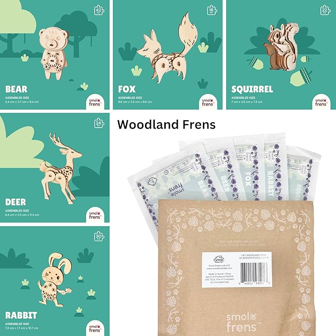 Wooden Animal Puzzles for Ages 8+, 5 Pack 3D Wooden Puzzles, STEM Kits for Kids & Adults, Wood Crafts Model Kits, STEM Toys, DIY Art Projects, Educational Gifts Toys, Party Favors - Woodland Frens