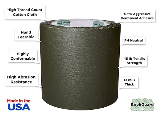 BookGuard 4 inch Premium Bookbinding Repair Cloth Tape, 15 Yard Roll, Olive