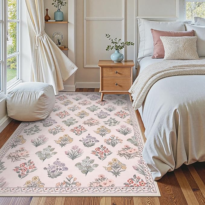 Wonnitar Pink Rugs for Bedroom Girls Nursery, Washable 5x7 Floral Rug, Boho Ultra-Thin Non Slip Soft Indoor Decor Carpet for Kids Room Playroom Living Room Dorm, Pale Pink