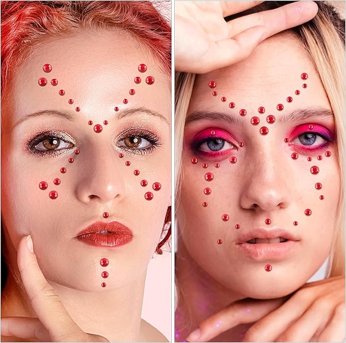 Self Adhesive Face Gems and Pearls for Makeup, Festival Jewels, Hair Gems Pearls, 3/4/5/6/8 mm Round Rhinestone Stickers for Face, Eye, Makeup, Body, Crafts 591Pcs (15_red)