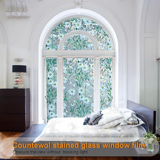 Window Privacy Film Stain Glass Window Film Rainbow Window Film Window clings Non-Adhesive Reusable Decorative for Room (Daisy Rainbow, 45.2 x 78.7 in)