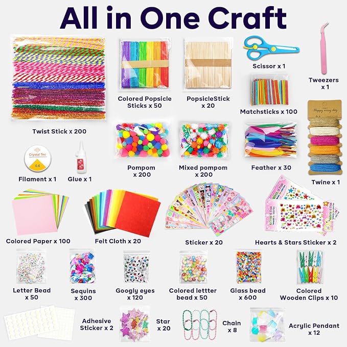 FUNZBO Arts and Crafts Supplies for Kid - Crafts for Girls Age 3, 4, 5, 6, 7, 8, 9 Years Old, Craft Kit with Pipe Cleaners, Pompoms & Craft Tools, Birthday Gifts for 4-8 Boys & Girls