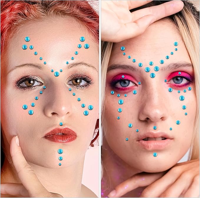 Self Adhesive Face Gems and Pearls for Makeup, Festival Jewels, Hair Gems Pearls, 3/4/5/6/8 mm Round Rhinestone Stickers for Face, Eye, Makeup, Body, Crafts 591Pcs (19_Aqua Blue)