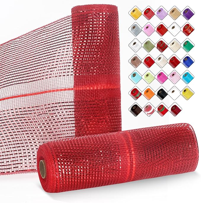 2 Rolls Mesh Ribbon for Wreaths 10 Inch x 30 Foot Wreath Mesh Rolls with Metallic Foil for Easter Christmas Party Wedding Home Decor DIY Craft Projects and Gift Wrapping(Red/Middle)
