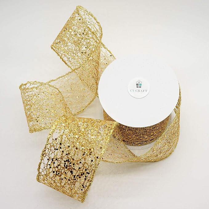 CT CRAFT LLC Sparkling Glitter Mesh Wired Ribbon 2.5" x 10 Yards Gold for Christmas Home Decor Bow Gift Wrapping DIY Crafts Wreath