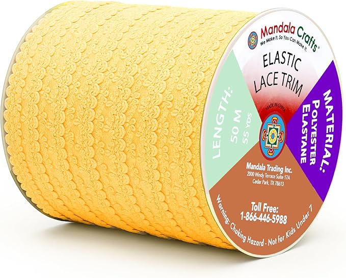 Mandala Crafts Mustard Yellow Stretch Lace Soft Elastic Trim Roll - 55 Yards 1 Inch Wide Stretchy Frilly Picot Ribbon for Sewing Lingerie, Headbands, Underwear, and Crafts