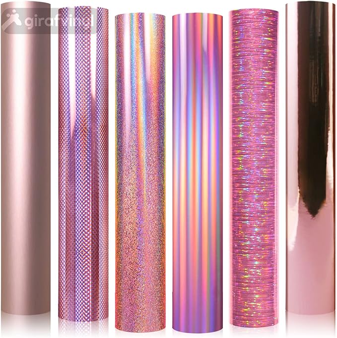 GIRAFVINYL Rose Gold Holographic Vinyl Permanent, Rose Gold Permanent Vinyl 6 Sheets Pink Adhesive Viny1 for DIY Cup, Home, Car Christmas Decorations, 12" x 12"