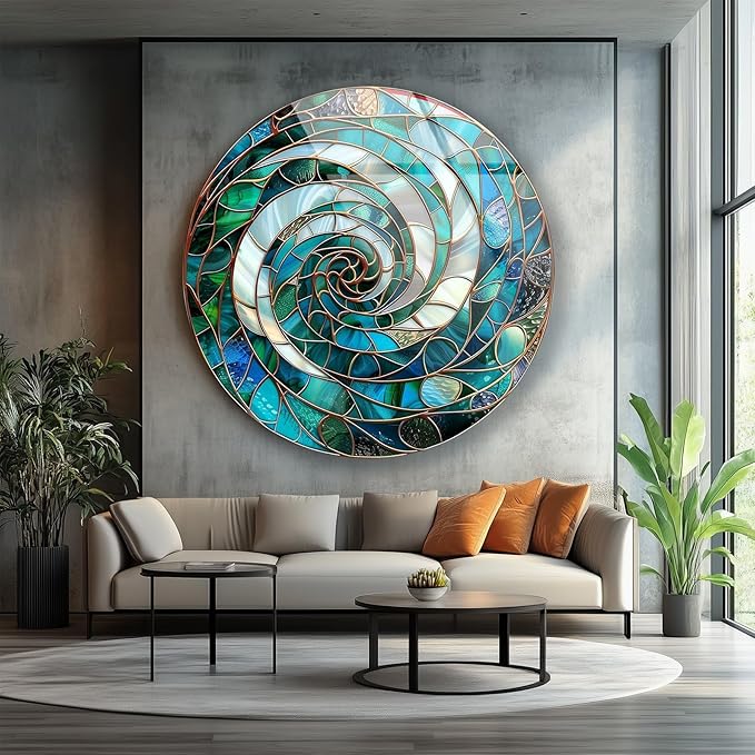 My Photostation.com 31.5''(80cm) Diameter Aqua Spiral Harmony Round Glass Wall Art Tempered Glass Printing Wall Decor Large Wall Art Wall Hangings
