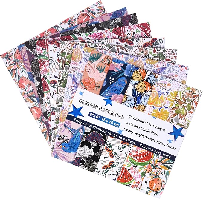Origami Paper Kit 50 Sheets 6 Inch Square Double Sided Color 10 Vivid Colors for Hand Crafts Origami Paper Arts Creativity.Flowers and Birds