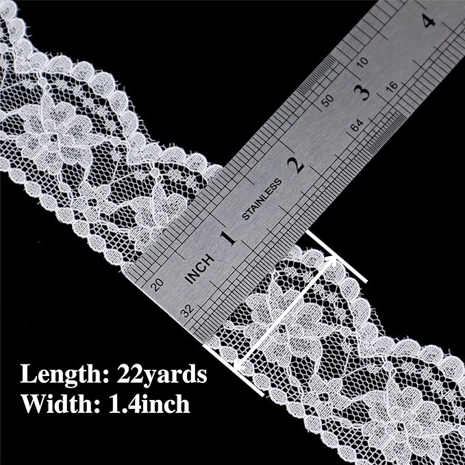 White Lace Ribbon Sewing Flower Lace Trim for Crafts Bridal Wedding Decorations, Bouquet and Gift Packaging (1.4Inch, 22 Yards)