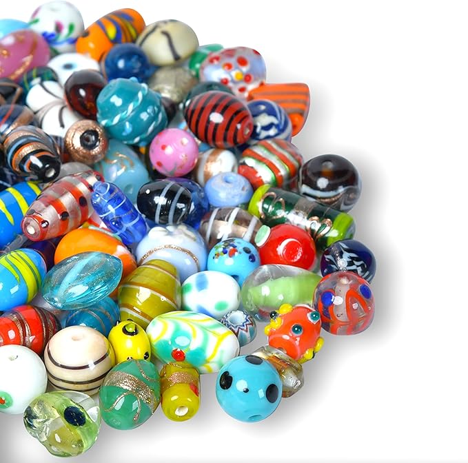 1 LB Bag of Assorted Glass Beads for Jewelry Making, Lampwork Murano Bead Mix for Bracelets and Necklaces, Crafting Beads Supplies Kit, Large & Small Beads (Assorted 200)