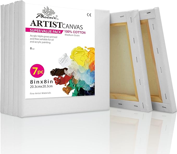PHOENIX Stretched Canvas for Painting 8x8 Inch/7 Value Pack, 8 Oz Triple Primed 5/8 Inch Profile 100% Cotton White Blank Canvas, Square Framed Canvas for Oil Acrylic & Pouring Art
