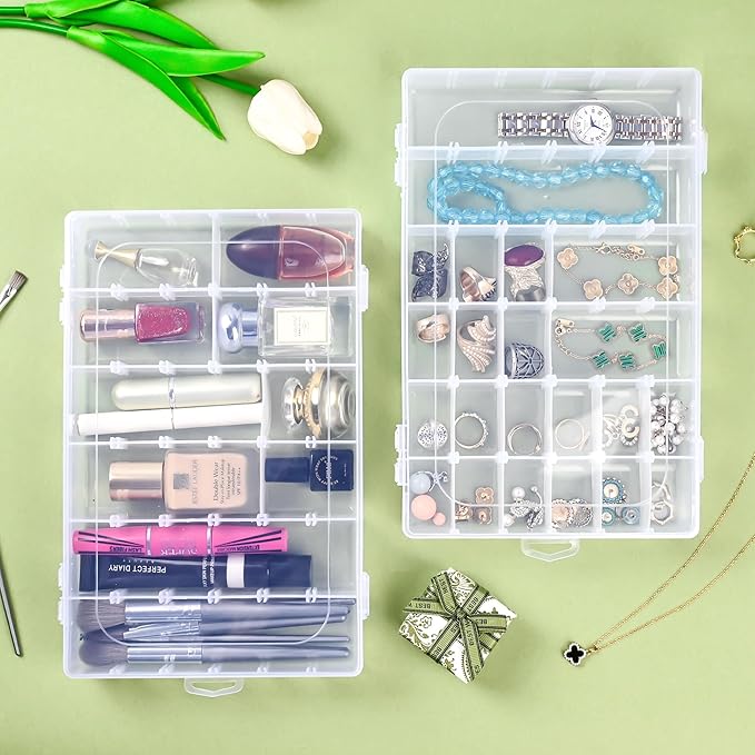 Plastic Organizer Container Box,36 Large Grids Clear Plastic Bead Organizer with Adjustable Dividers Craft Organizers Box for Bead,Jewelry,DIY Crafts,Art,Small Items Storage (Clear-1pack-36 Grids)