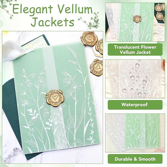SWANGSA 50 Pack Vellum Jackets for 5x7 Invitations, Elegant White Wildflower Vellum Paper, 115GSM Translucent Invitation Sleeve Wraps for Wedding Bridal Baby Shower Birthday Envelopes