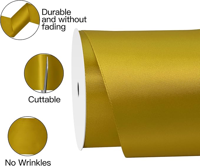 Gold Satin Ribbon 4 Inch X 15 Yards Solid Color Double Faced Ribbons Perfect for Crafts Wedding Decor Bow Making Arts Sewing and More