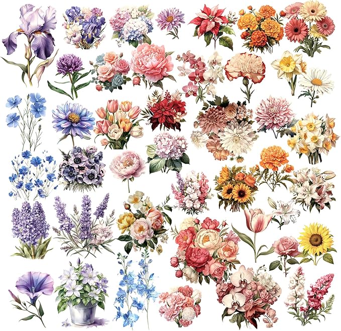 Vintage Vellum Stickers Floral Plants Elements Scrapbooking Supplies Flowers Botanic Natural Translucent Paper Self-Adhesive Junk-Journal Items (Blooming Flowers)