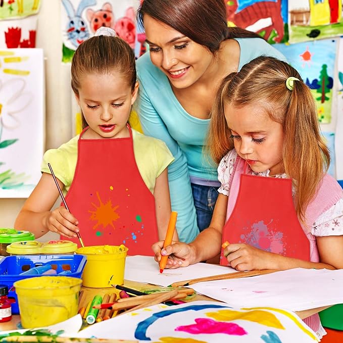 PLULON 15 Pcs Kids Apron Painting Aprons, Kids Aprons for Painting Red Apron Art Apron Smocks Bulk for Art Activity Craft Home Kitchen Classroom Party Supplies