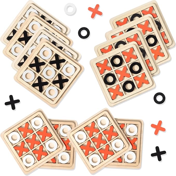 Libima 12 Pcs Wooden Tic Tac Toe Game Mini Family Board Games Classical Puzzle Chess Tabletop Teaches Strategy & Focus, Gifts for Halloween/Road Trip/Travel/Christmas Strategy Toys(Classic Color)
