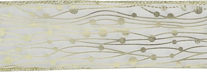 MEEDEE Gold Wired Ribbon - 2.5 Inch Sheer Organza With Horizontal Stripes and Polka Dots - 25 Yards for Gift Wrapping, Garland