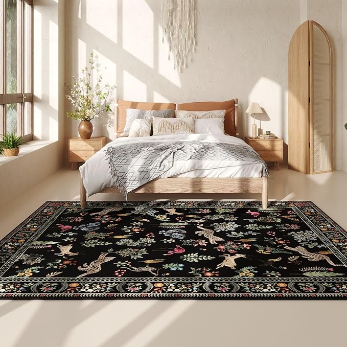 Rugcomf Area Rugs 8x10 Rug for Living Room Clearance Washable Boho Area Rug Non Slip Floral Animal Vintage Low Pile Large Rug for Living Room, Bedroom, Farmhouse, Dining Room, Kids Playroom (Black)