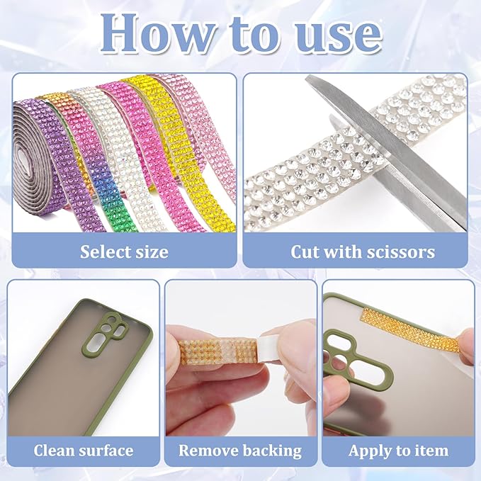 12 Rolls Rhinestone Ribbon Self Adhesive,0.35" X12 Yard Bedazzling Kit with 2 mm Rhinestones Bedazzling Strips for Gift Wrapping Wedding Decor DIY Crafts(12 Colors)