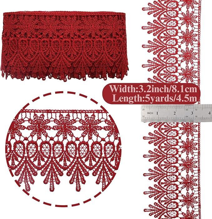 GXTIZAS Burgundy Lace Trim 5 Yards Wide Venise Lace Ribbon Embroidered Edge Trim for Sewing Crafts Pillow Case