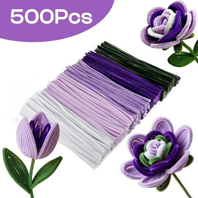 Caydo 500 Pieces Purple Flowers Pipe Cleaners, Chenille Stems, Pipe Cleaner Crafts for DIY Art and Craft Projects Creative Gift Party Decorations