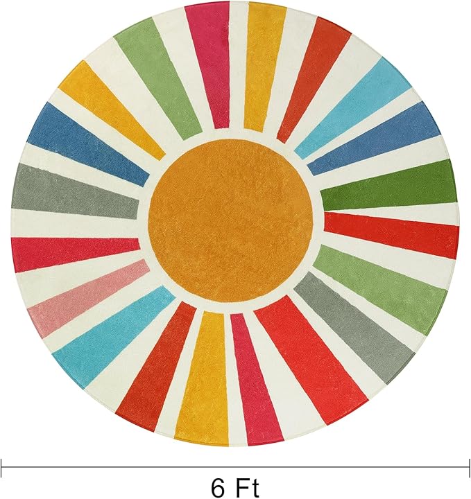 STARUIA Round Boho Rug 6 Ft Washable Round Area Rug for Playroom, Sunshine Circle Rug for Kids Room, Non-Slip Circluar Rainbow Carpet Soft Large Kids Rug for Classroom Dorm Bedroom