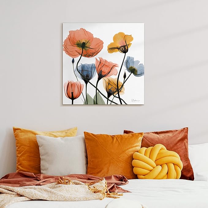 Empire Art Direct Frameless Free Floating Tempered Glass Panel Graphic Wall Art Ready to Hang, 24" x 24", Flowers and Ferns, Orange and Blue Flower