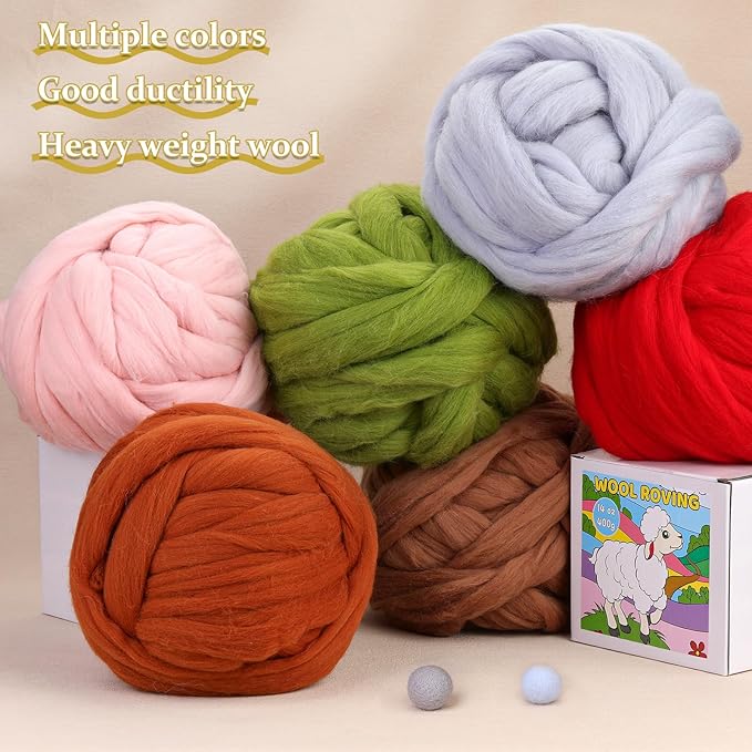QMNNMA Wool Roving Bulk, 14.1oz Needle Felting Wool, Super Wool Chunky Yarn for Needle Felting, Hand Spinning, Blending, Weaving and DIY Craft (400g)