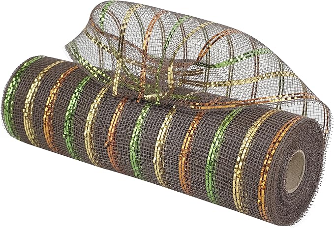 MEEDEE Fall Deco Mesh 10 Inch Rolls Brown Basic Mesh with Deluxe Wide Foil Orange & Yellow & Lime Metallic Striped Deco Mesh for Wreaths, Garland, Christmas Tree, Gift Wrapping, Bows Making (30 Feet)