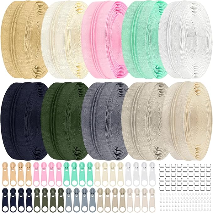 DOITEM 31 Yards 10 Pcs Sewing Zippers #3 Nylon Coil Zippers Assorted Zipper for Sewing with 40 Zipper Sliders for DIY Tailor Sewing Crafts Supplies, 10 Colors
