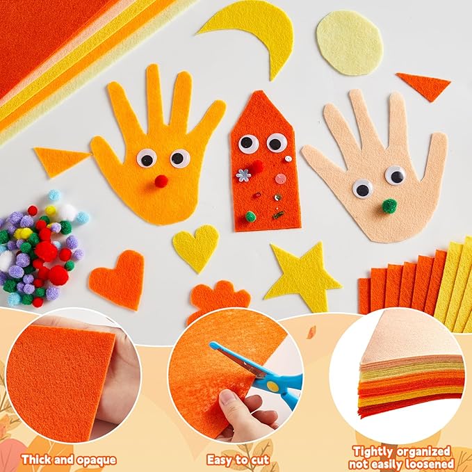 42Pcs Fall Felt Fabric Sheets 8 x 12 Inch Thanksgiving Yellow Orange Assorted Soft Thick Felt Pack with Wiggle Google Eyes Pom Poms Glitter Patchwork for Autumn DlY Sewing Creative Art Project Decor