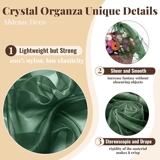 Sheer Fabric 60" x 1 Yards (3 ft) Organza Fabric by The Yard for DIY Wedding Decorations Craft Projects Party Backdrops Bows (Hunter Green)