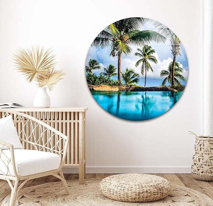 My Photostation.com Round 31,5'' Island & Blue Sea Glass Wall ArtTempered Glass Printing Wall Decor Large Wall Art Wall Hangings