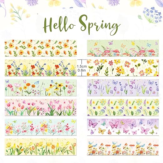 Adirasenotek 12 Rolls Floral Washi Tape Set,Butterfly Flower Washi Tape Decorative Paper Stickers Decorative Tape,DIY Art Crafts Wrapping Decor for Gifts Wrapping