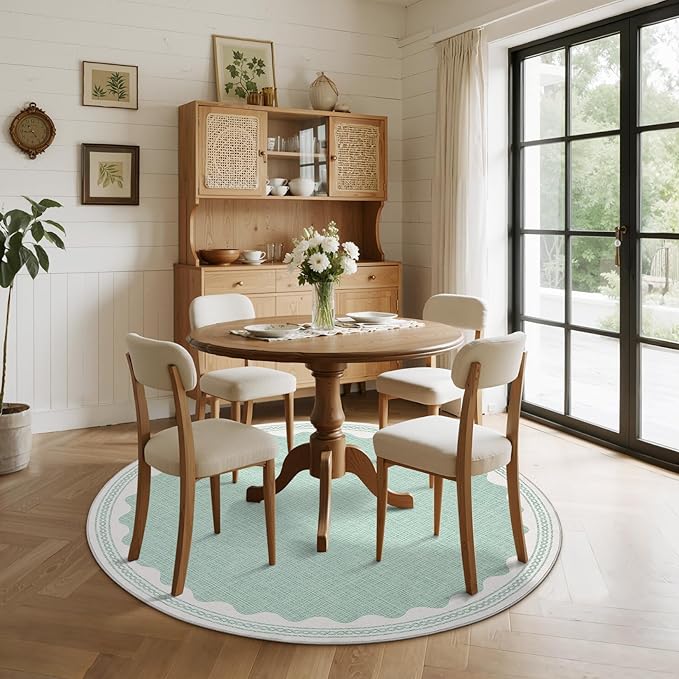 Scalloped Round Rug 4ft, Small Area Rugs Solid GreenRug for Bedroom Girls, Washable Rugs for Living Room, Non Slip Scalloped Round Bath Mat, Soft Dorm Nursery Carpet for Bedside