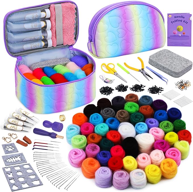 Mayboos Needle Felting Kit, 50 Colors Wool Roving Set, Needle Felting Starter Kit for Beginners with Wool Felting Tool Mat Needle Felting Supplies for DIY Crafts Home Decoration