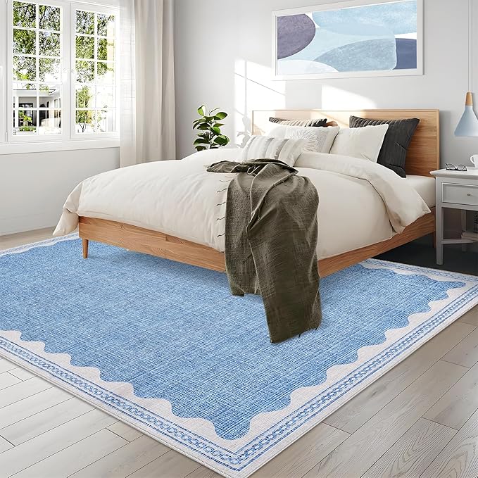 Scalloped Washable Rug 8x10 Area Rugs for Living Room, Solid Blue Rug for Bedroom Girls, Non Slip Throw Carpet with Rubber Back, Soft Dorm Nursery Scalloped 8x10 Rugs for Dining Room
