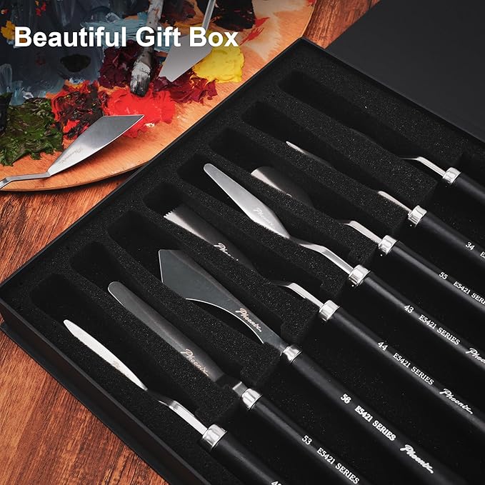 PHOENIX High Flexible Palette Knife Set, 8 Pieces Stainless Steel Painting Knives (32,54,55,50,44,56,53,51) Art Knife with Wood Handle, Paint Spatula for Oil Acrylic Paint